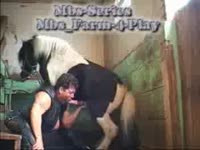 Granny sucking big horse dick and making it cum